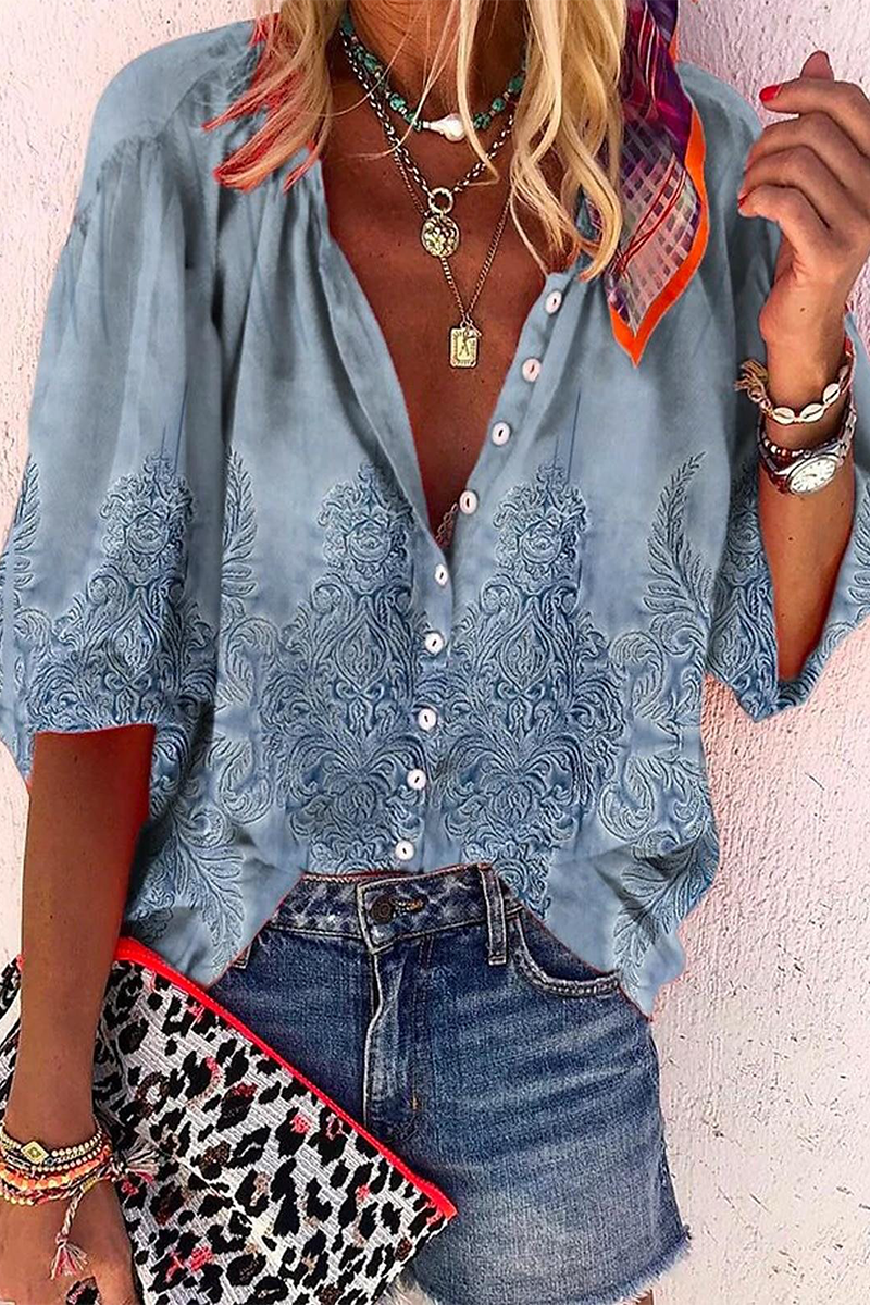 Daily Striped Print Buttons Contrast V Neck Blouses(8 Colors)