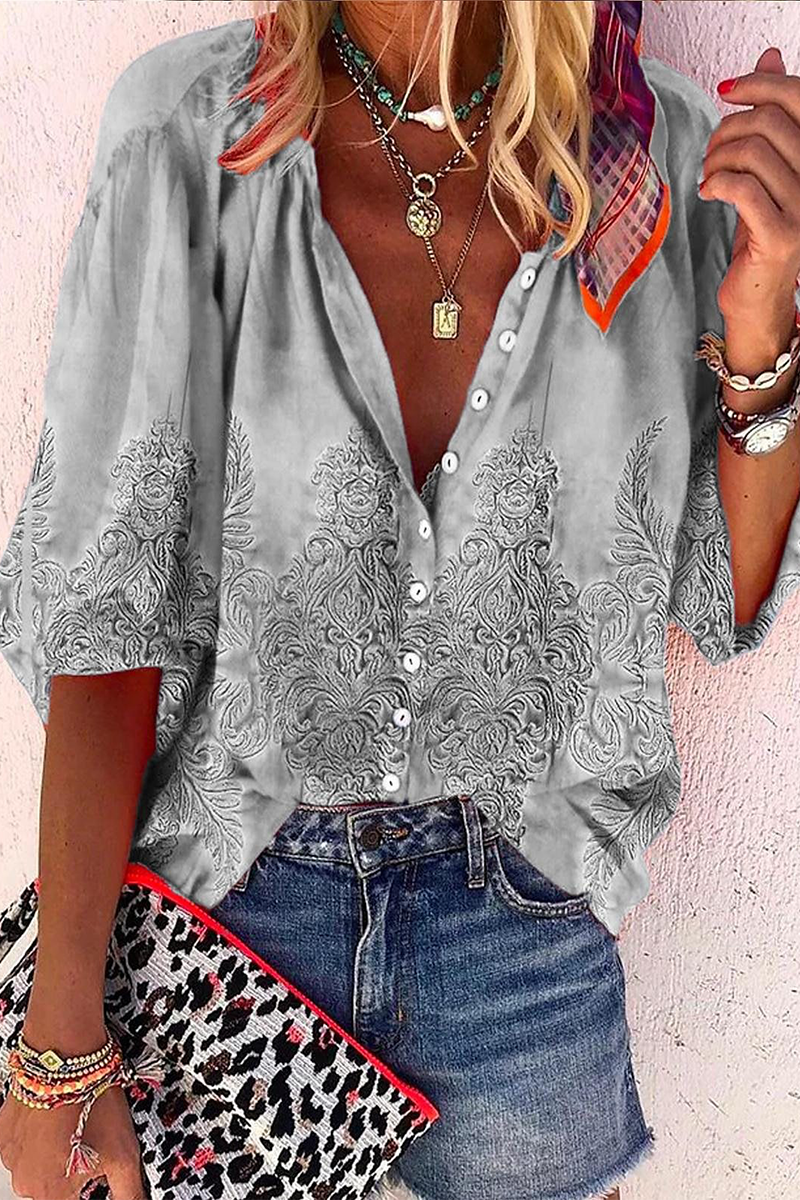 Daily Striped Print Buttons Contrast V Neck Blouses(8 Colors)