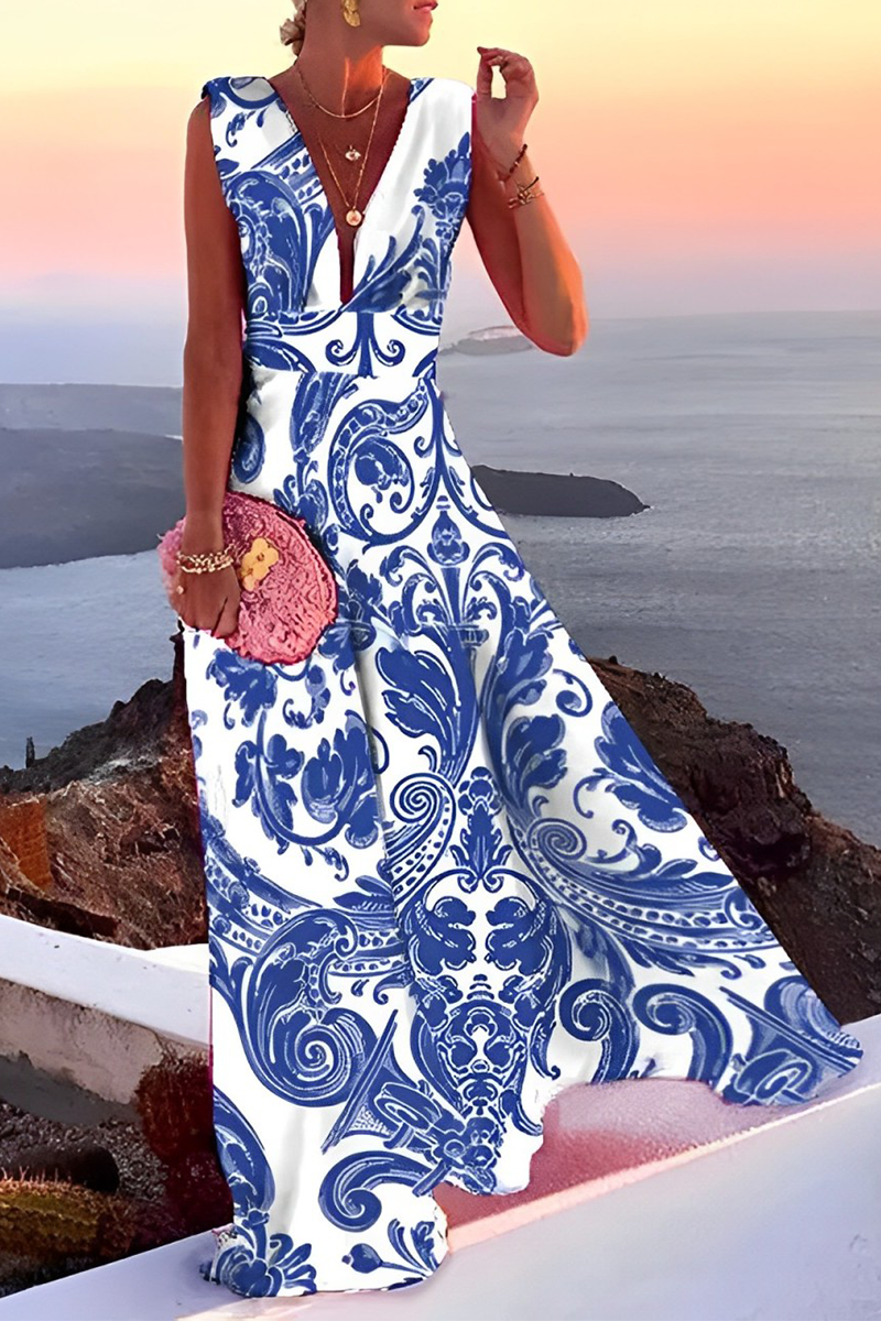 Print Patchwork V Neck Cake Skirt Dresses(5 Colors)