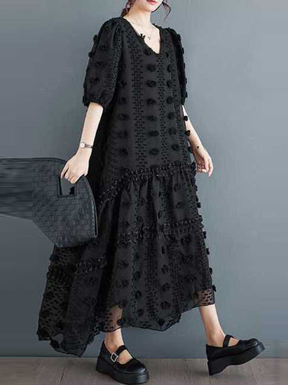 A-line Half Sleeves Elasticity Jacquard Color Split-joint V-neck Midi Dresses