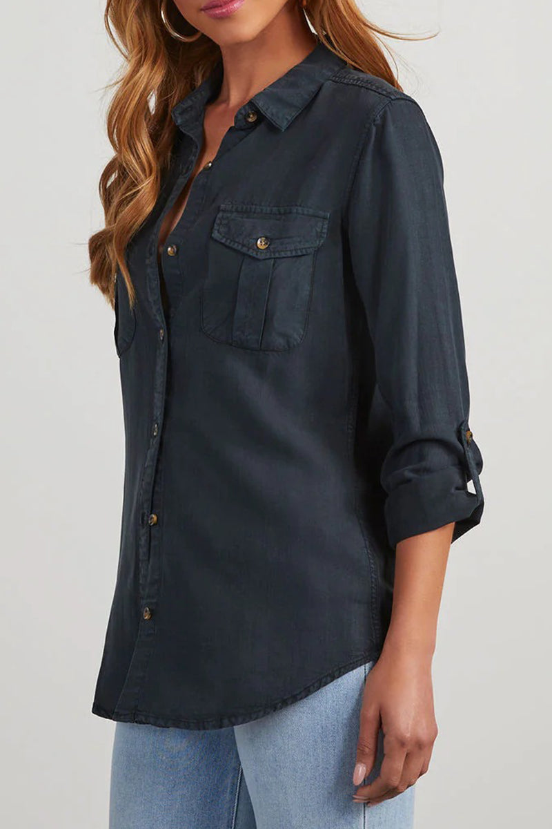 Daily Color Pocket Buttons Turndown Collar Blouses(4 Colors)