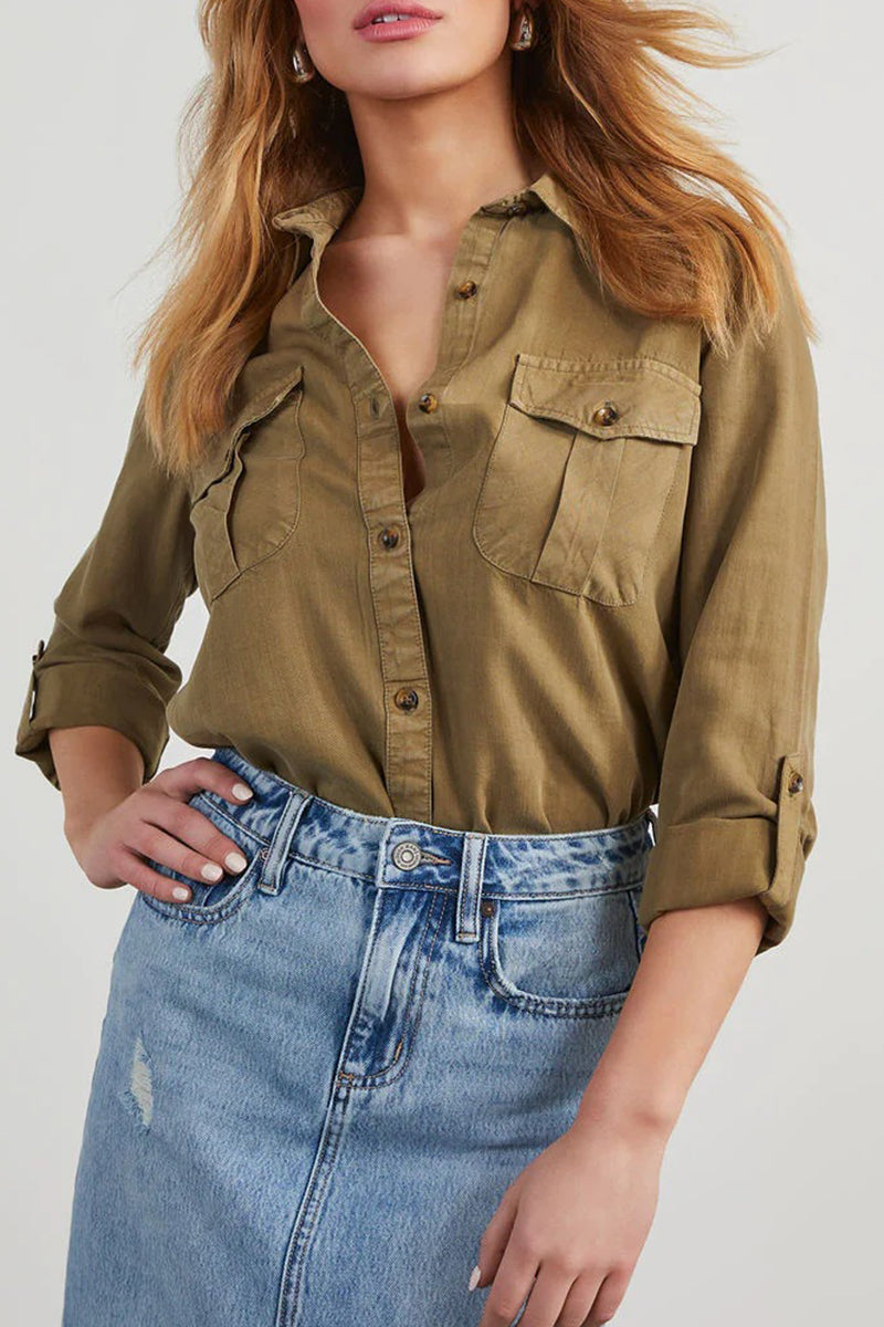Daily Color Pocket Buttons Turndown Collar Blouses(4 Colors)