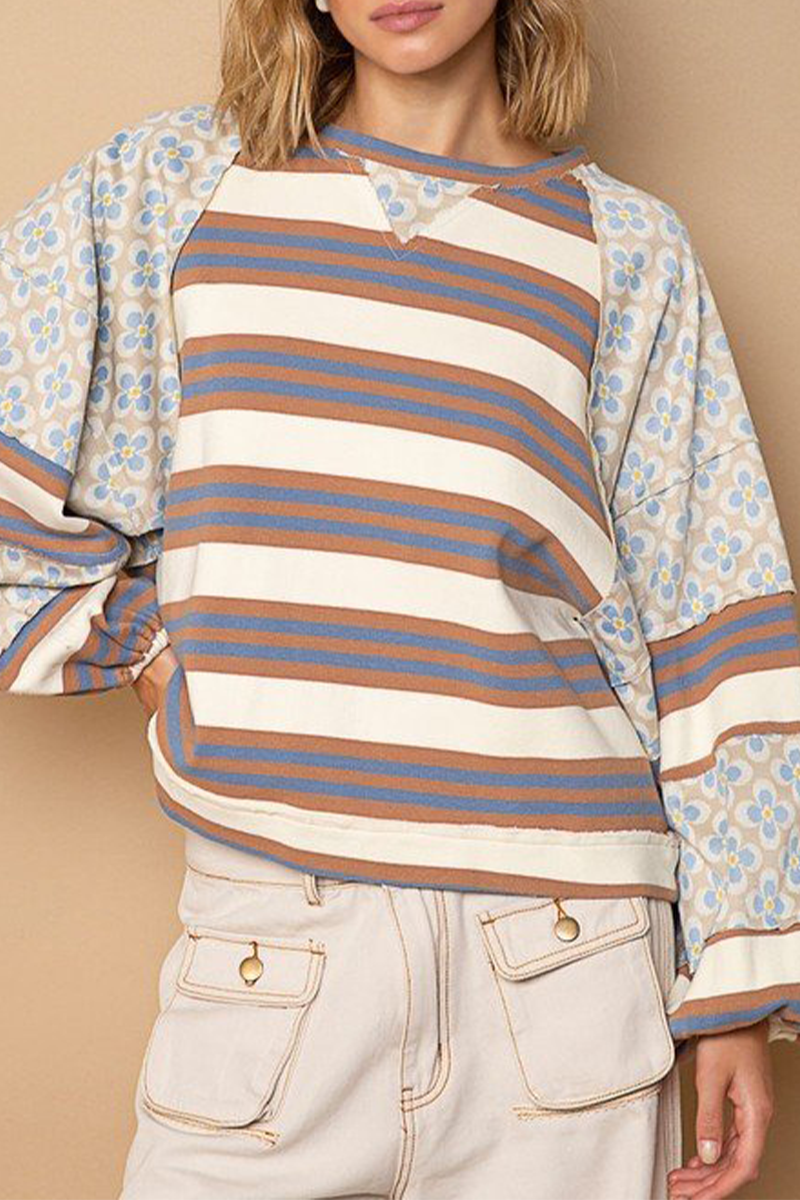 Striped Print Flowers Contrast O Neck Hoodies(6 Colors)