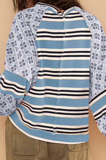 Striped Print Flowers Contrast O Neck Hoodies(6 Colors)