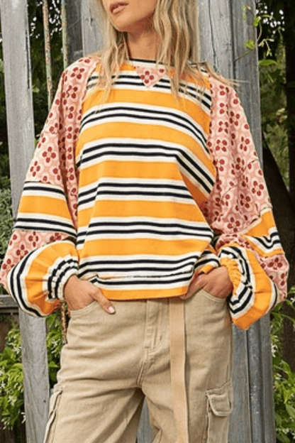 Striped Print Flowers Contrast O Neck Hoodies(6 Colors)