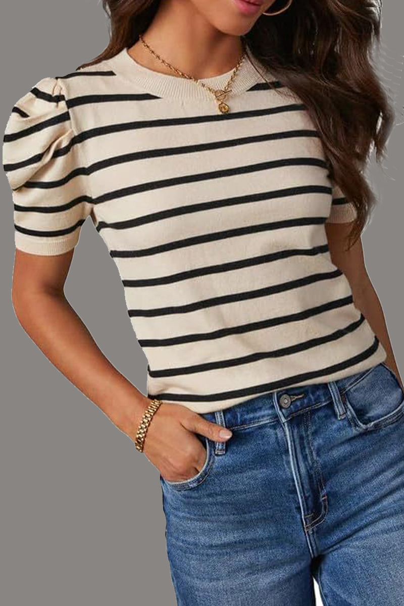 Stripe Ruched Weave O Neck T-shirts(5 Colors)