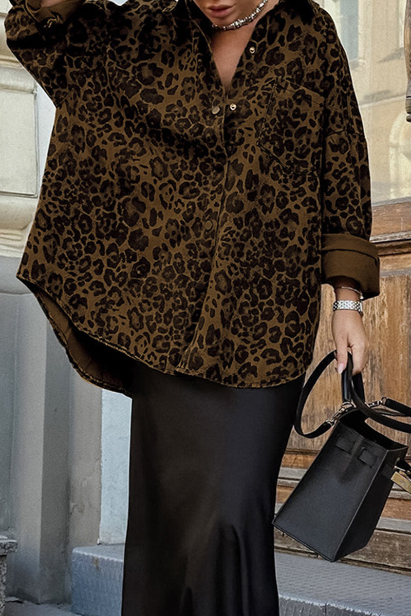 Street Leopard Print Buttons Turndown Collar Blouses