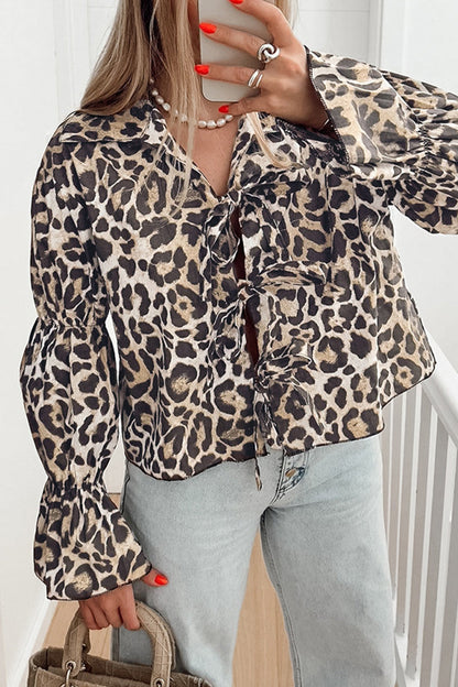 Street Leopard Print Lace Up Turndown Collar Blouses