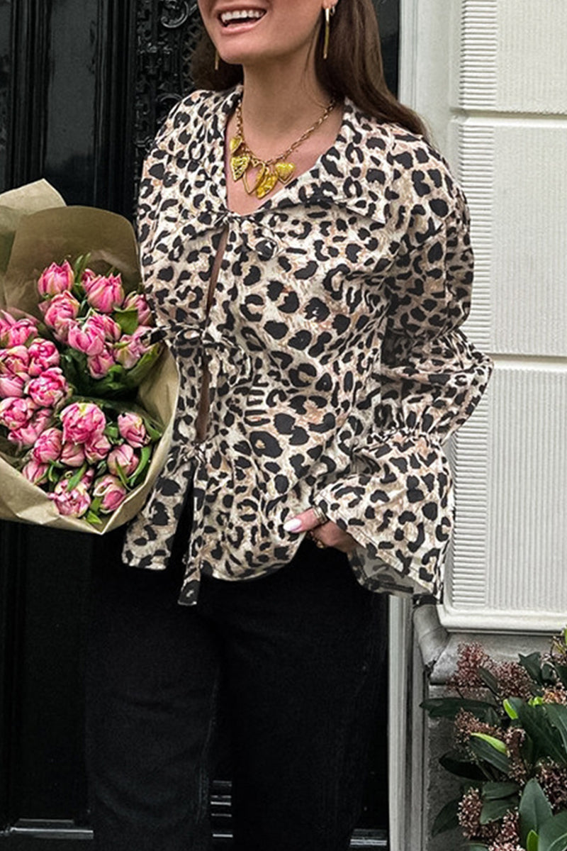 Street Leopard Print Lace Up Turndown Collar Blouses