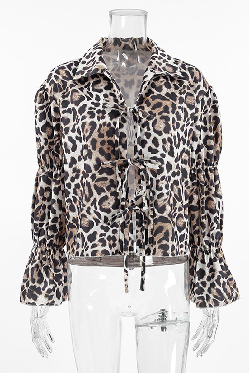 Street Leopard Print Lace Up Turndown Collar Blouses