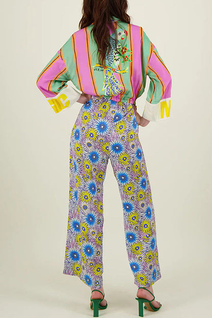 Street Striped Print Flowers Pocket Lace Up Buttons Turndown Collar Loose Jumpsuits