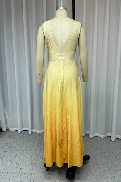 Gradient Print Contrast V Neck Long Dresses