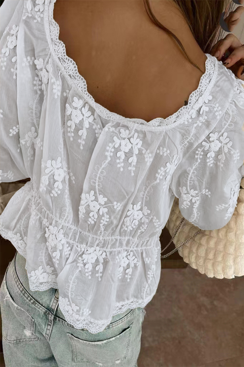 Daily Color Embroidered Buttons See-through U Neck Blouses