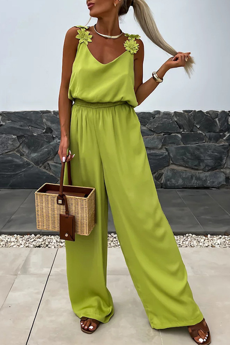 Daily Color Pocket Flower Shape V Neck Loose Jumpsuits(3 Colors)