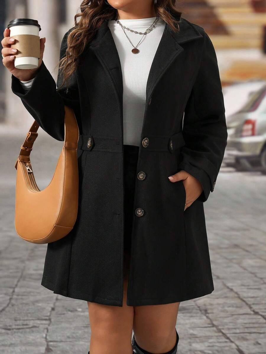 Knit Coat Black Lapel Button Decor Waisted Midi