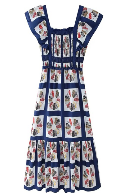 Geometric Print Patchwork Bow Decor Contrast Square Neck One Step Skirt Dresses