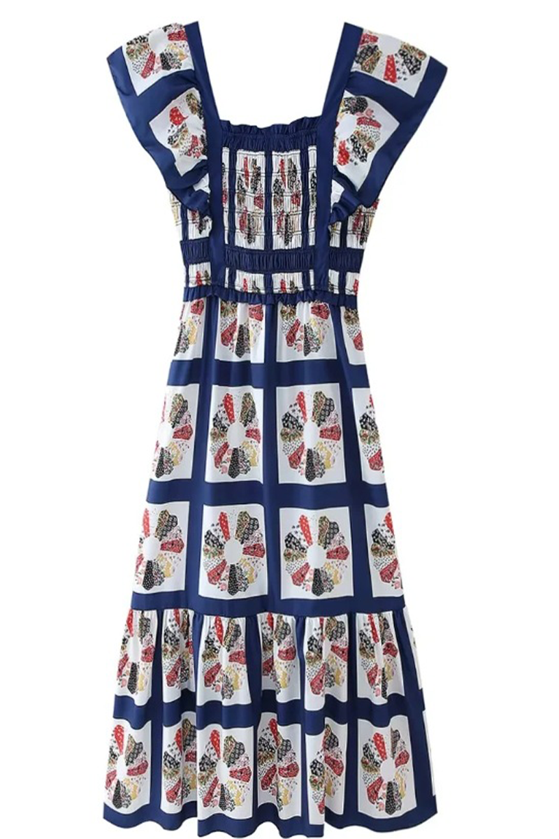 Geometric Print Patchwork Bow Decor Contrast Square Neck One Step Skirt Dresses