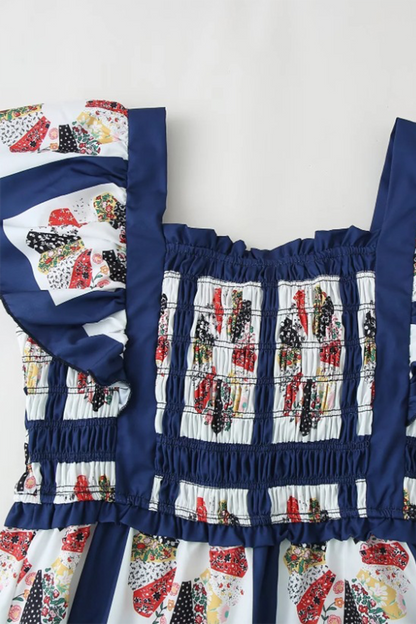 Geometric Print Patchwork Bow Decor Contrast Square Neck One Step Skirt Dresses
