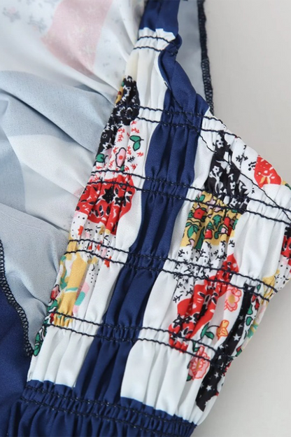 Geometric Print Patchwork Bow Decor Contrast Square Neck One Step Skirt Dresses