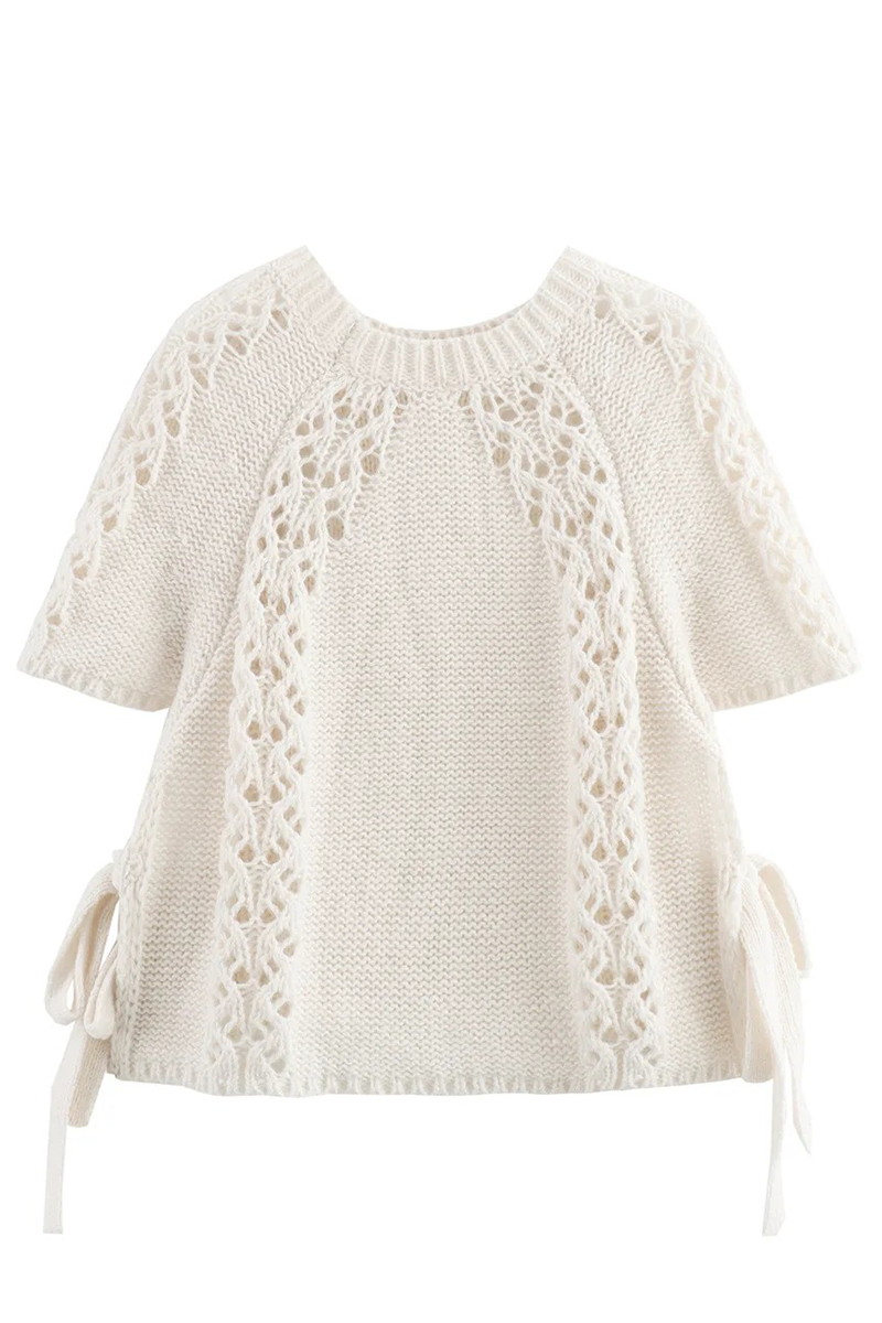 Color Hollow Out Draw String Weave O Neck Sweaters