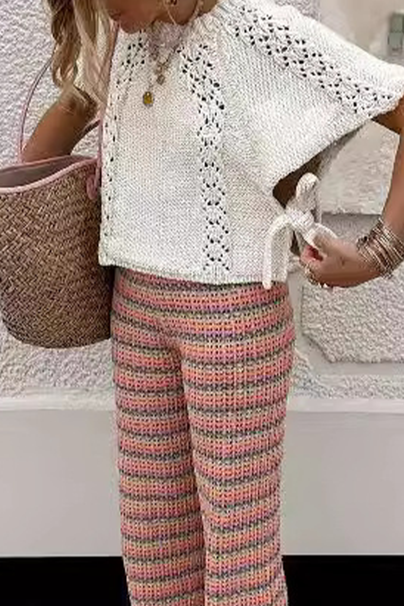Color Hollow Out Draw String Weave O Neck Sweaters