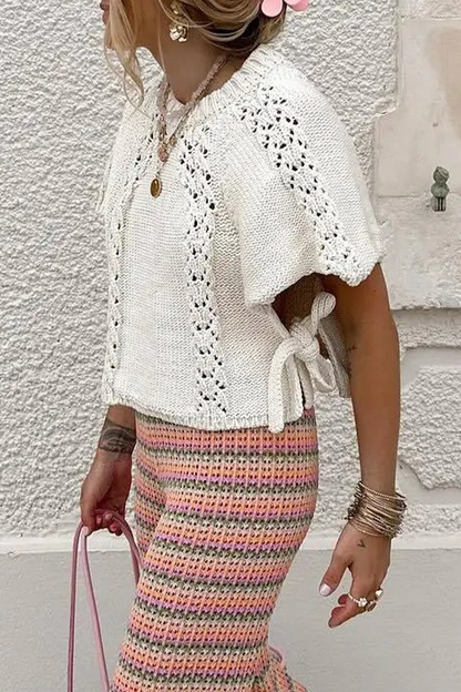 Color Hollow Out Draw String Weave O Neck Sweaters