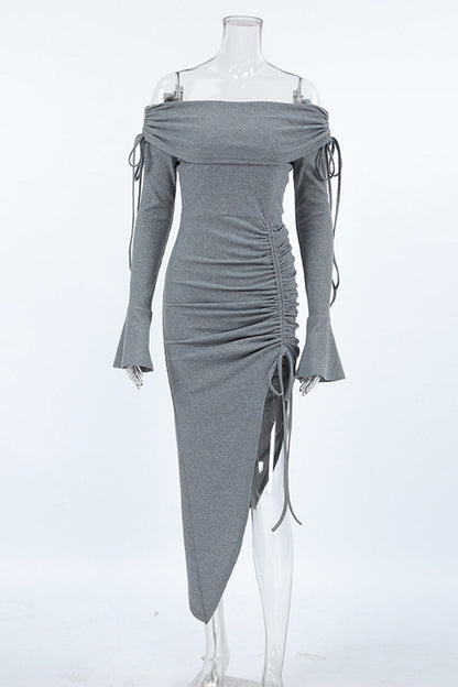 Color Draw String Off Shoulder Wrapped Skirt Dresses