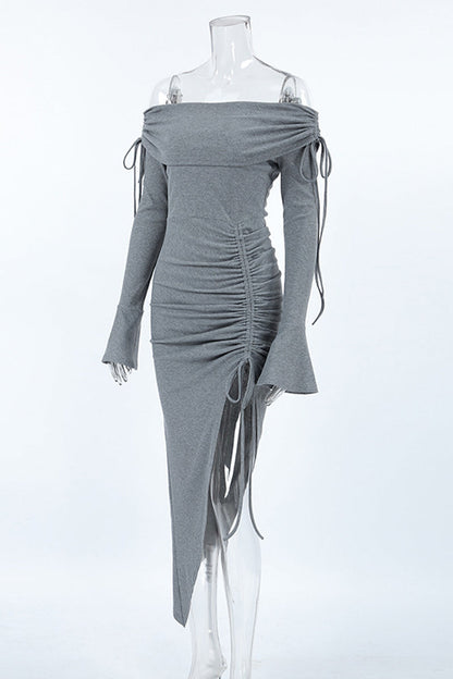 Color Draw String Off Shoulder Wrapped Skirt Dresses