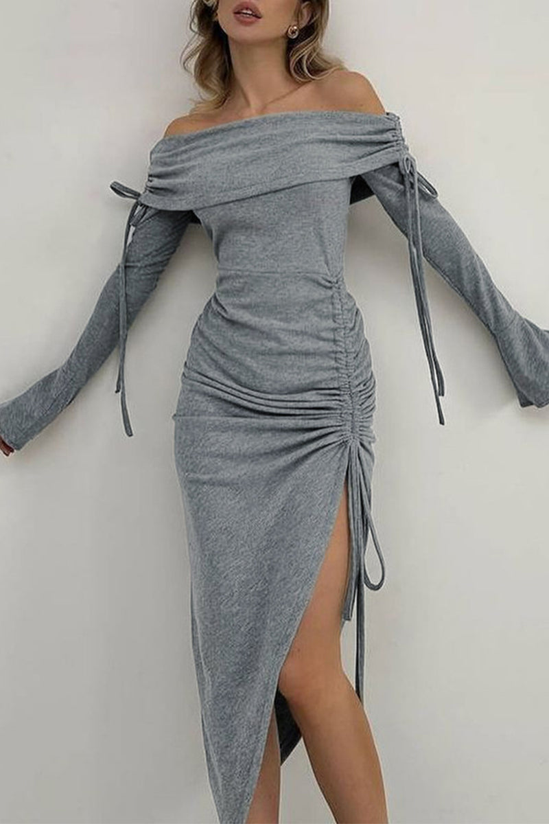 Color Draw String Off Shoulder Wrapped Skirt Dresses