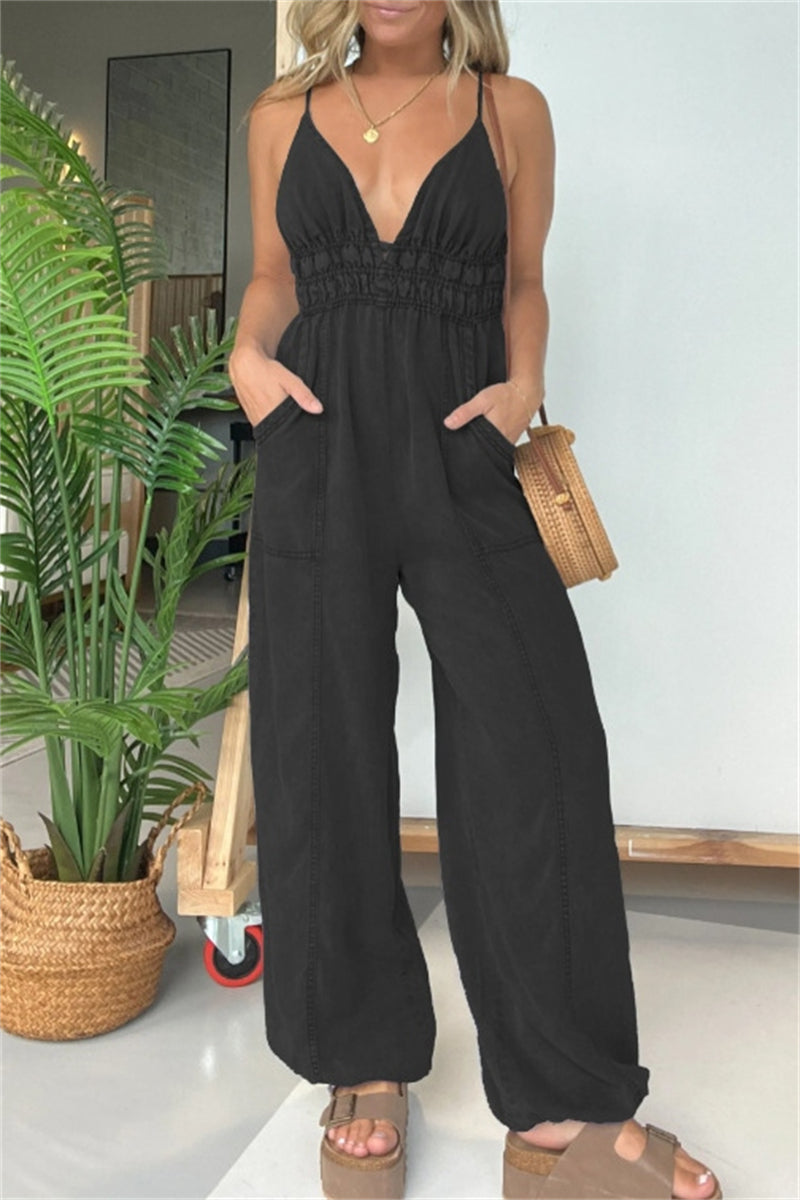 Color Patchwork Backless Spaghetti Strap Fitted Jumpsuits(5 Colors)