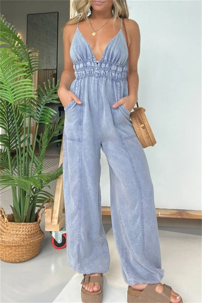 Color Patchwork Backless Spaghetti Strap Fitted Jumpsuits(5 Colors)