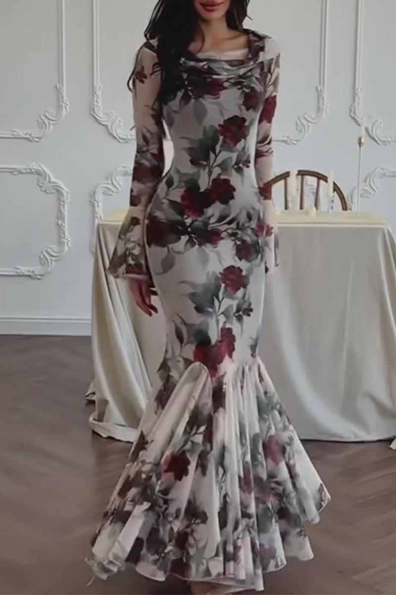 Flowers Print Patchwork Fishtail Square Neck Wrapped Skirt Dresses
