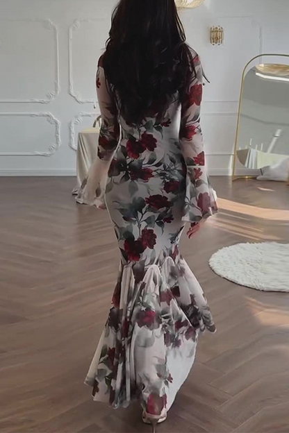 Flowers Print Patchwork Fishtail Square Neck Wrapped Skirt Dresses