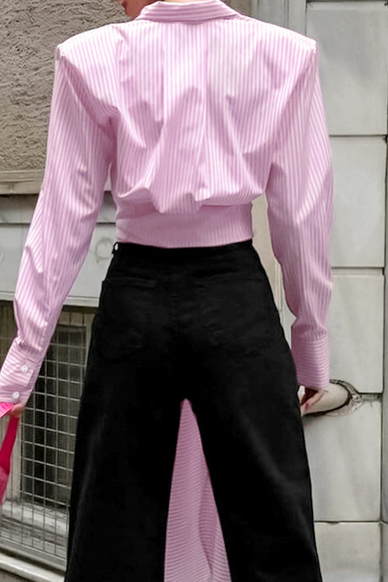 Street Striped Print Lace Up Buttons Turndown Collar Blouses