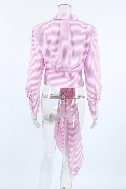 Street Striped Print Lace Up Buttons Turndown Collar Blouses