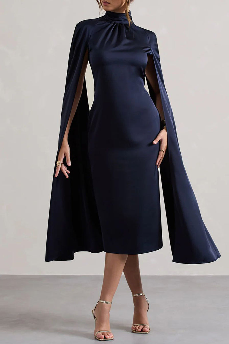 Street Color Hollow Out Patchwork Slit Turtleneck Long Dresses