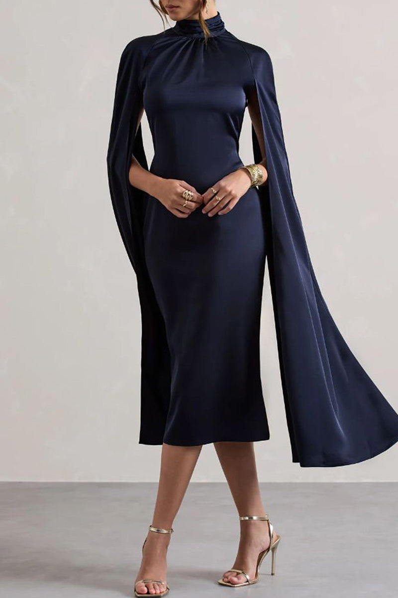 Street Color Hollow Out Patchwork Slit Turtleneck Long Dresses
