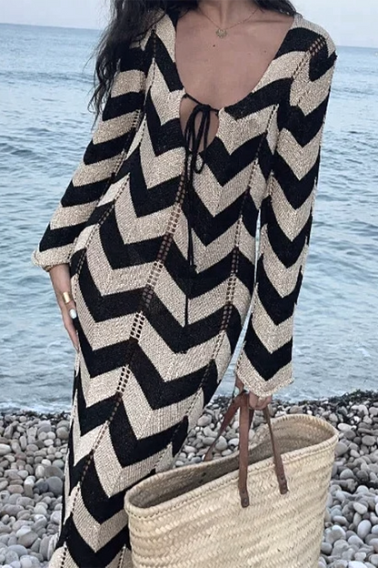 Colorblock Lace Up Weave V Neck One Step Skirt Dresses