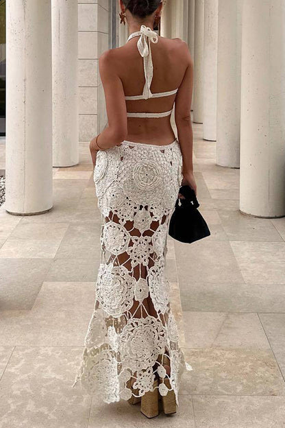 Color Hollow Out Lace Up Backless Halter One Step Skirt Dresses
