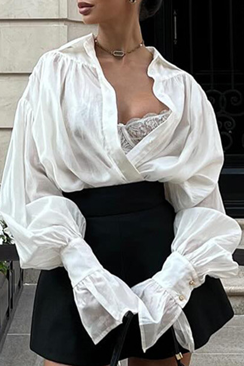 Street Color Buttons See-through Turndown Collar Blouses