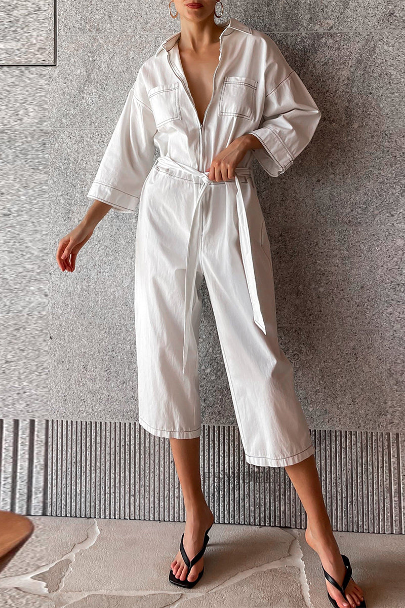 Color Lace Up Patchwork Turndown Collar Loose Jumpsuits