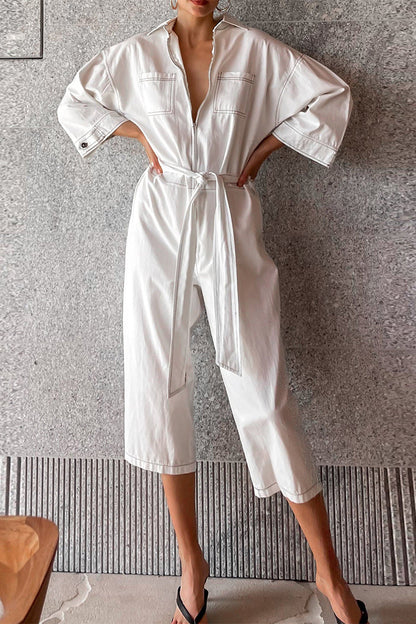 Color Lace Up Patchwork Turndown Collar Loose Jumpsuits