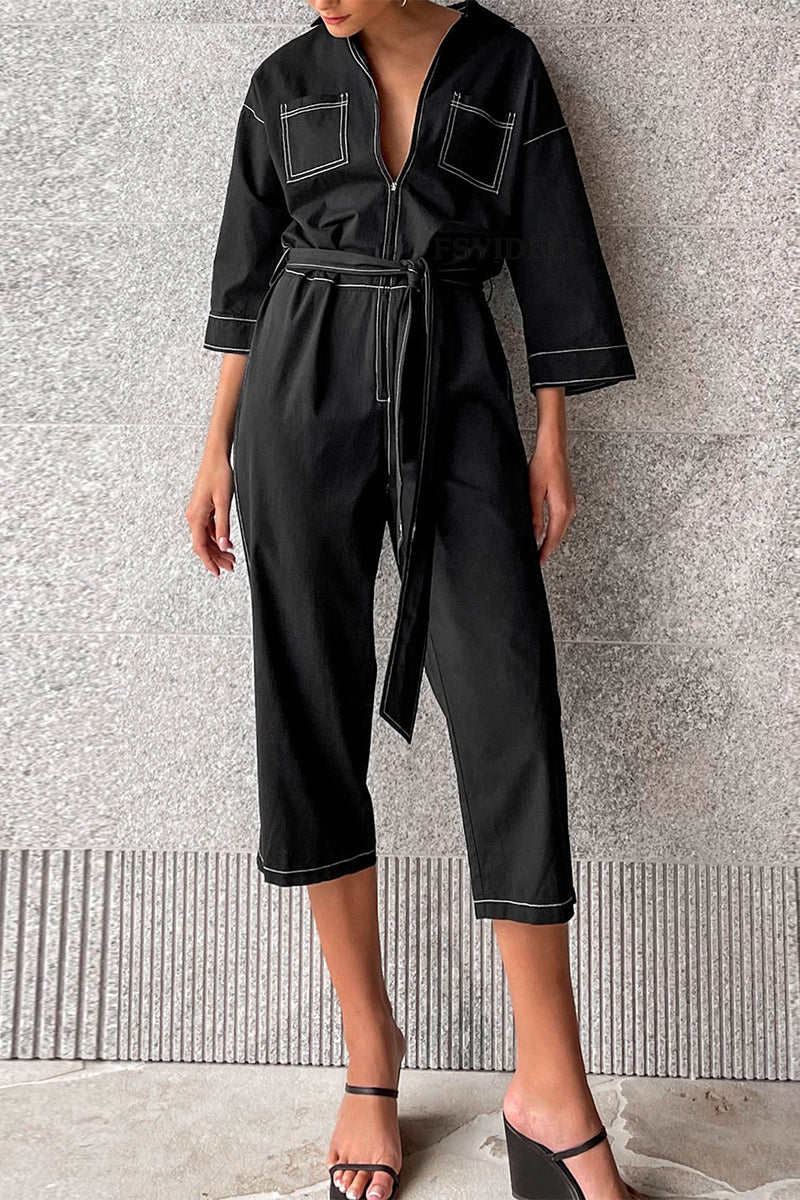 Color Lace Up Patchwork Turndown Collar Loose Jumpsuits