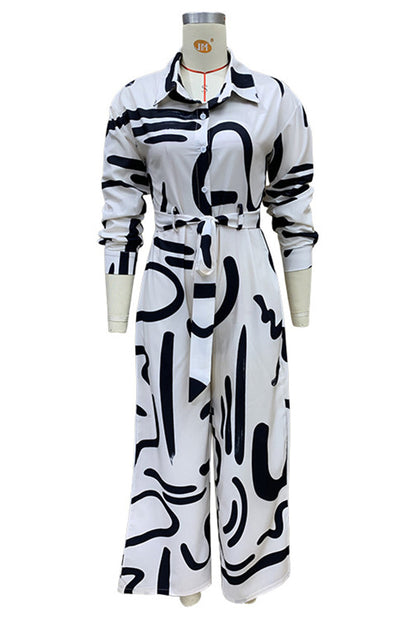 Street Geometric Print Lace Up Turndown Collar Loose Jumpsuits
