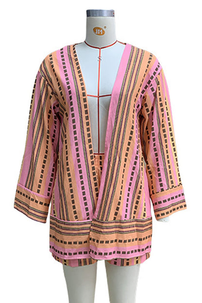Daily Striped Print Pocket Cardigan Collar Long Sleeve Two Pieces