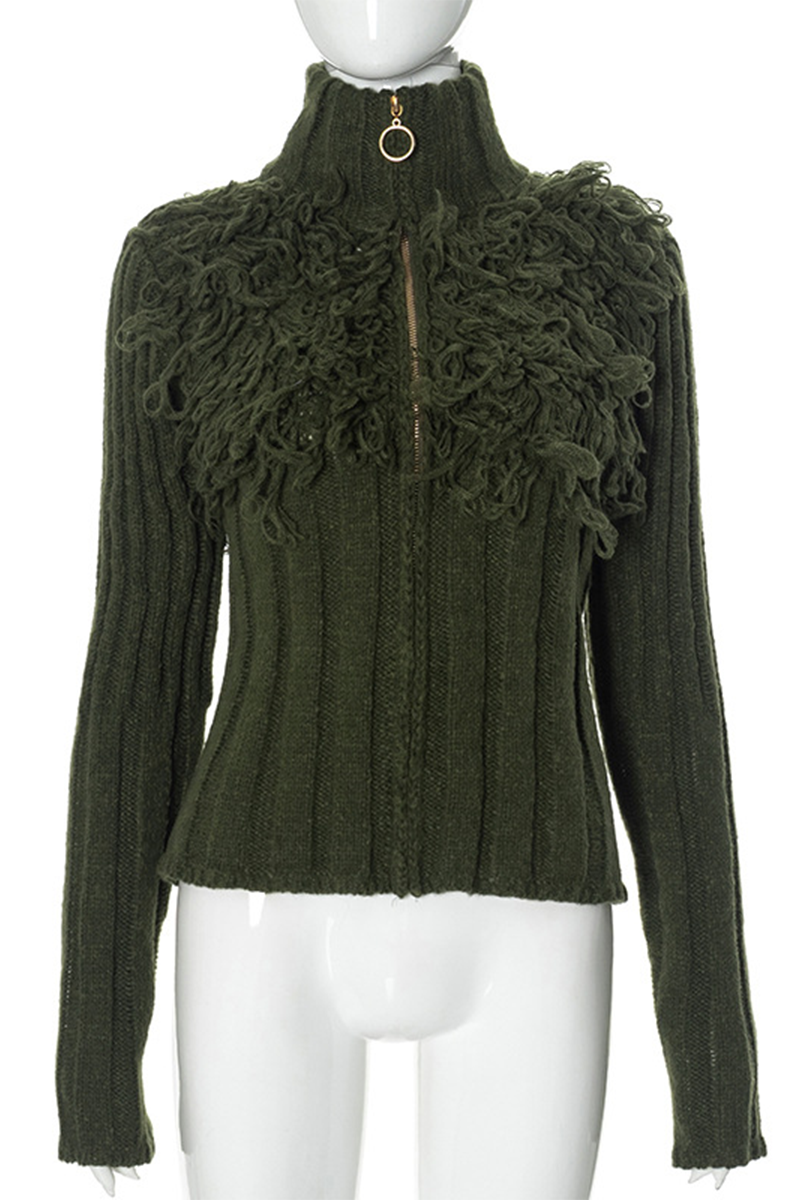 Color Fringed Trim Zipper Turtleneck Sweaters