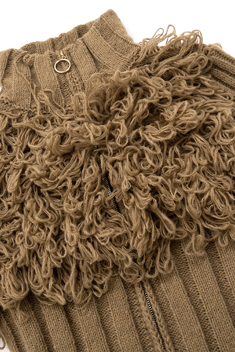 Color Fringed Trim Zipper Turtleneck Sweaters
