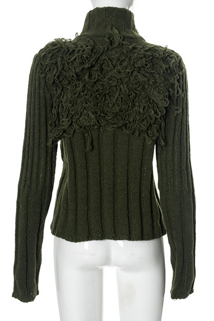 Color Fringed Trim Zipper Turtleneck Sweaters