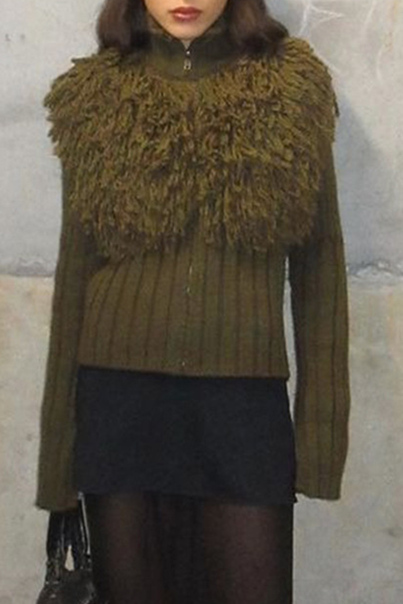 Color Fringed Trim Zipper Turtleneck Sweaters