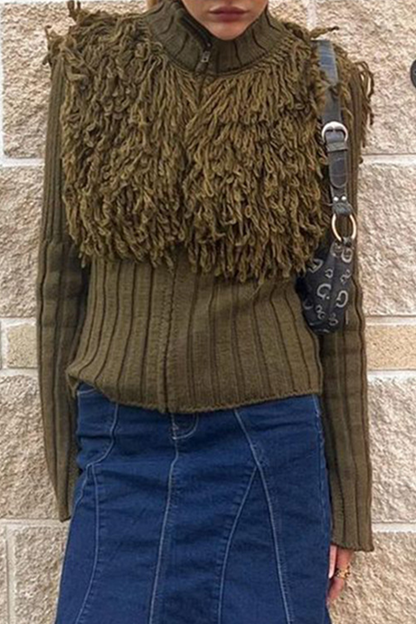 Color Fringed Trim Zipper Turtleneck Sweaters